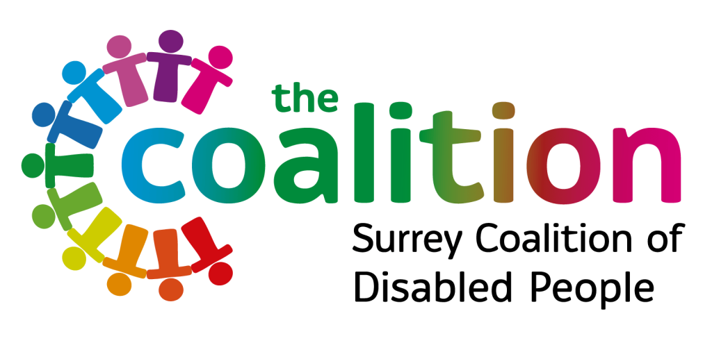 Log of the Surrey Coalition of Disabled People - an incomplete ring of person-shaped figures of different colours, around the multi-coloured word 'Coalition', followed by the words 'Surrey Coalition of Disabled People' in black