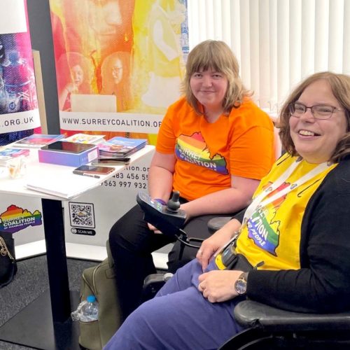 Angie and Lucie promoting the work of Surrey Coalition of Disabled People at an event