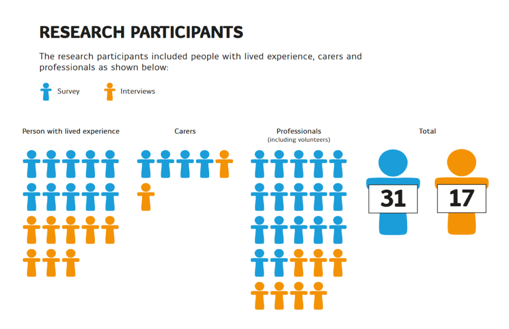 Research participants. Diagram with people icons. With 31 blue  icons - representing Survey and 17 orange icons - representing interviews. 