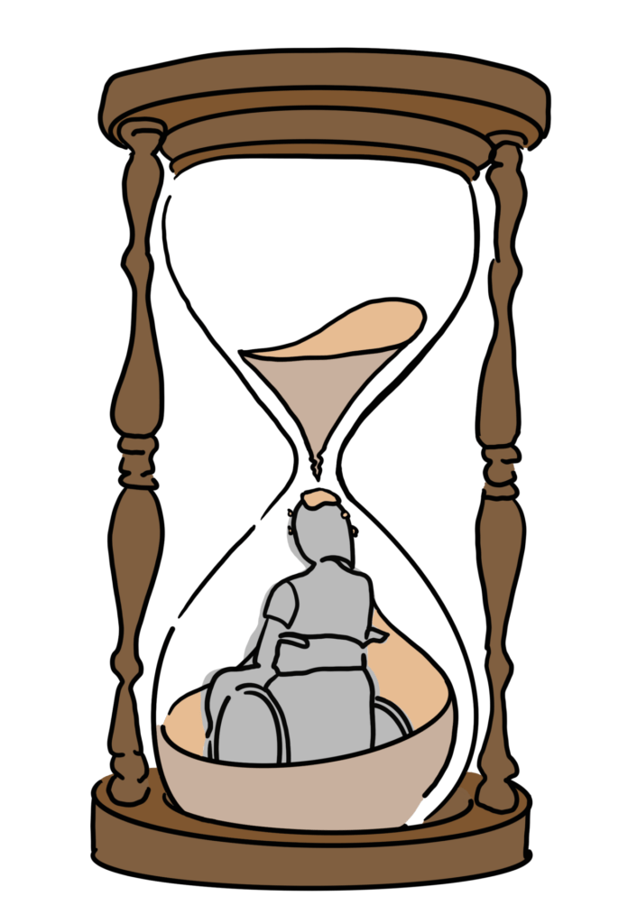 Digital drawing of a sand timer. Inside of the sand timer is a wheelchair user surrounded by sand and with sand also falling on them. 