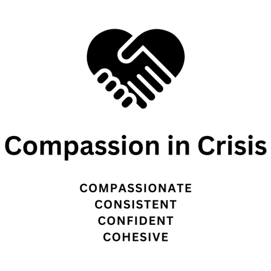 Compassion in Crisis logo. The logo icon is two hands shaking, making the shape of a heart. Below the icon are the words 'Compassion in Crisis' then 'Compassionate, consistent, confident, cohesive'.