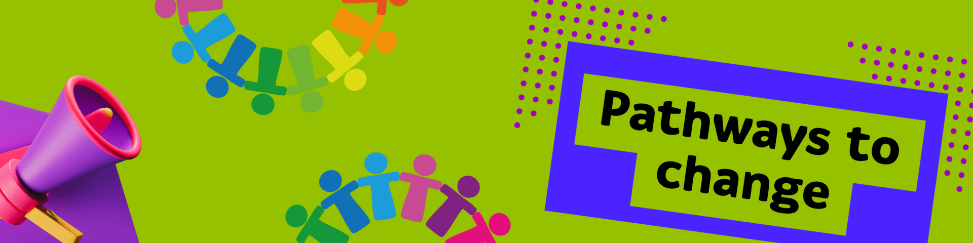 Banner with a bright green background and the project title 'Pathways to Change' in a bold font. Also on the banner is a graphic of a purple megaphone and two graphics of multi colour people that are touching hands in a semi-circle