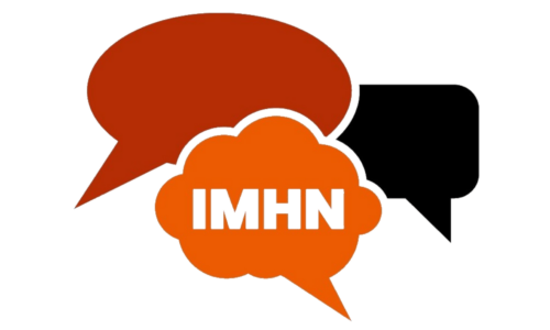 IMHN logo. The logo has three speech bubbles in orange, red and black. With the word 'IMHN' in the orange speech bubble.
