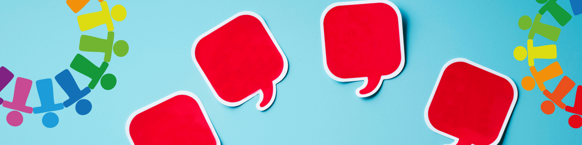 Blue background with four red speech bubbles