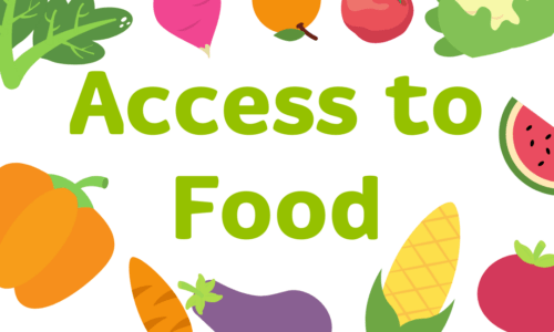 The words 'access to food' in the centre surrounded by fruit and vegetables