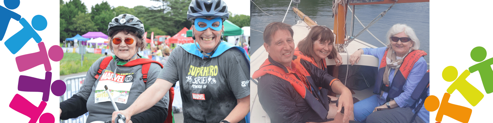 Banner with two photos. Photo one is of Katy, our Physical Activity Navigator with Coalition member, Jane, on a side by side tandem bike at the Superhero Tri event. Photo two is of Coalition members on sailing boat at a Get More Active Get Together.