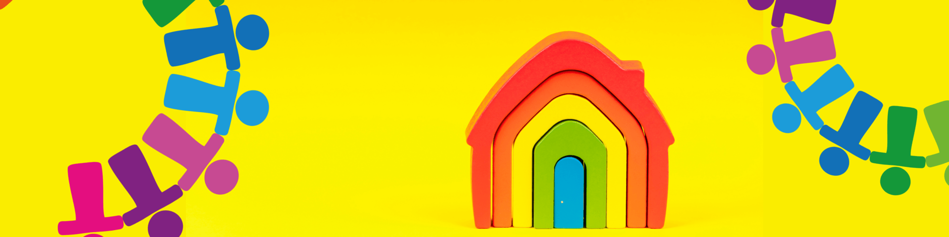 Yellow background with a rainbow wooden house