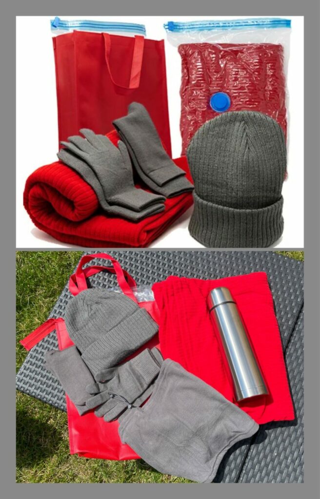 Photo of the warm pack which includes a woolly hat, blanket, pair of gloves, pair of socks, a snood and a flask.