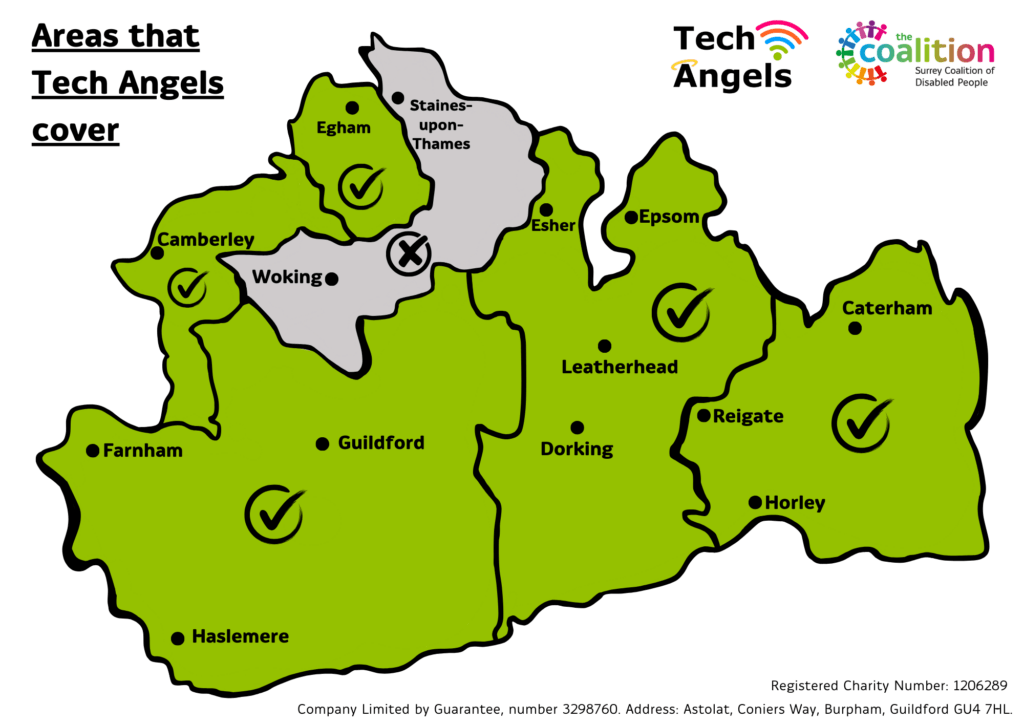 Map of Surrey with the areas that Tech Angels cover in Green. Woking and Staines-upon-Thames area in grey for the areas we don't cover. 